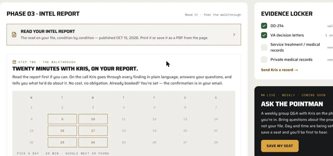 The portal dashboard after the report publishes: read your Intel Report, then book the walkthrough