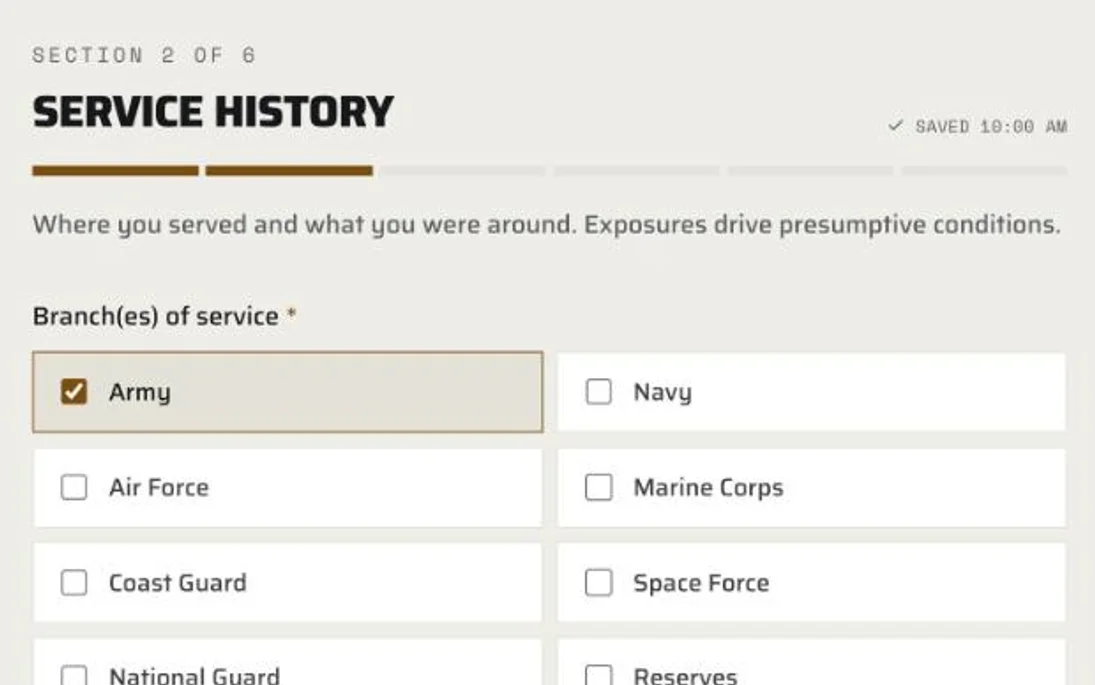 The intake form in the portal: service history section