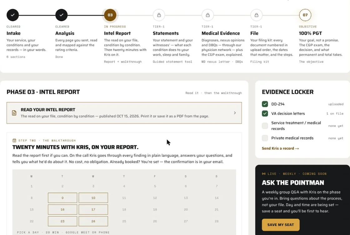 Dashboard after publish: read your Intel Report, then book twenty minutes with Kris