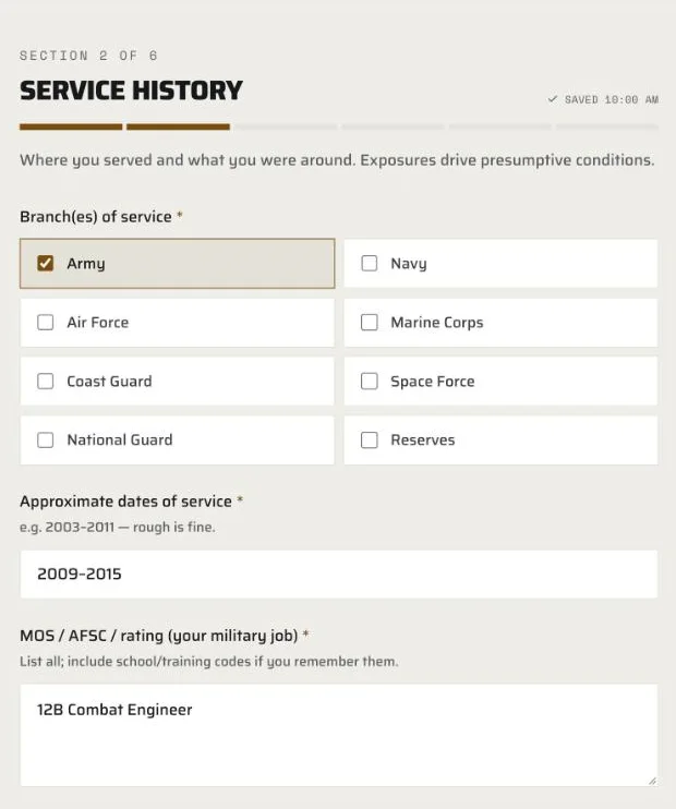 Intake form, service history section