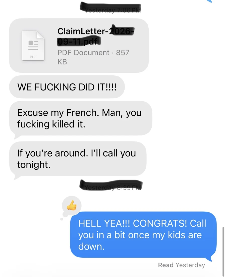 Text messages from a client the night his VA decision letter arrived: a PDF of the claim letter, then “We did it” and “Man, you killed it,” with Kris replying “Congrats.” Name and times blacked out.